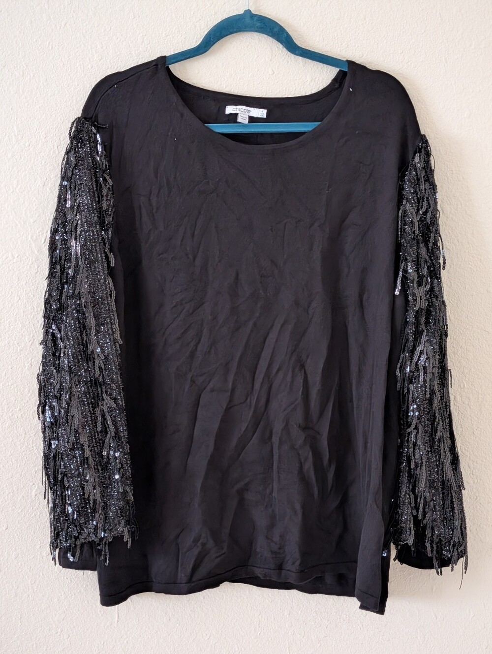 Chico’s Black Sequin Sleeves Blouse Size XXL